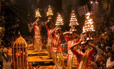 Ganga Aarti ceremony in Varanasi at Dashashwamedh Ghat evening spiritual ritual Ganges river India