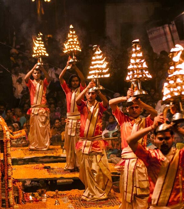 Ganga Aarti ceremony in Varanasi at Dashashwamedh Ghat evening spiritual ritual Ganges river India