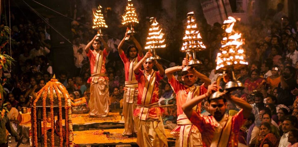 Ganga Aarti ceremony in Varanasi at Dashashwamedh Ghat evening spiritual ritual Ganges river India
